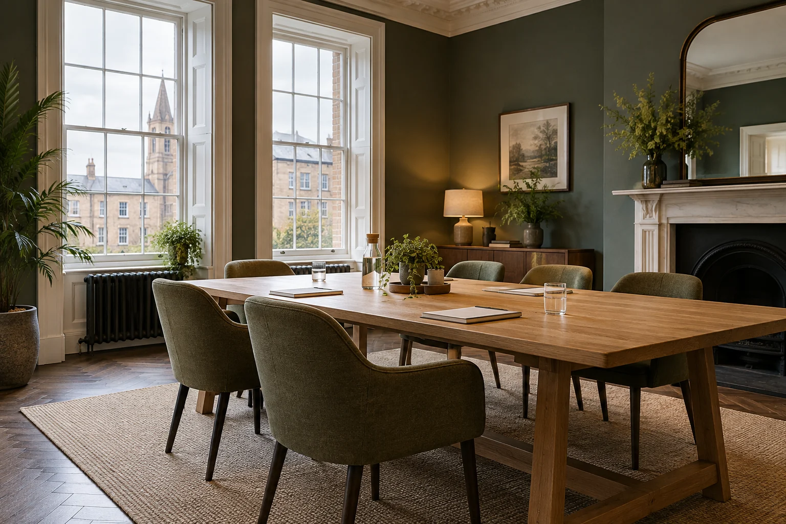 A welcoming meeting room with an oak table and comfortable chairs