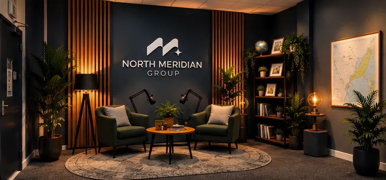 Podcast Wirral studio space with microphones, seating and North Meridian Group branding